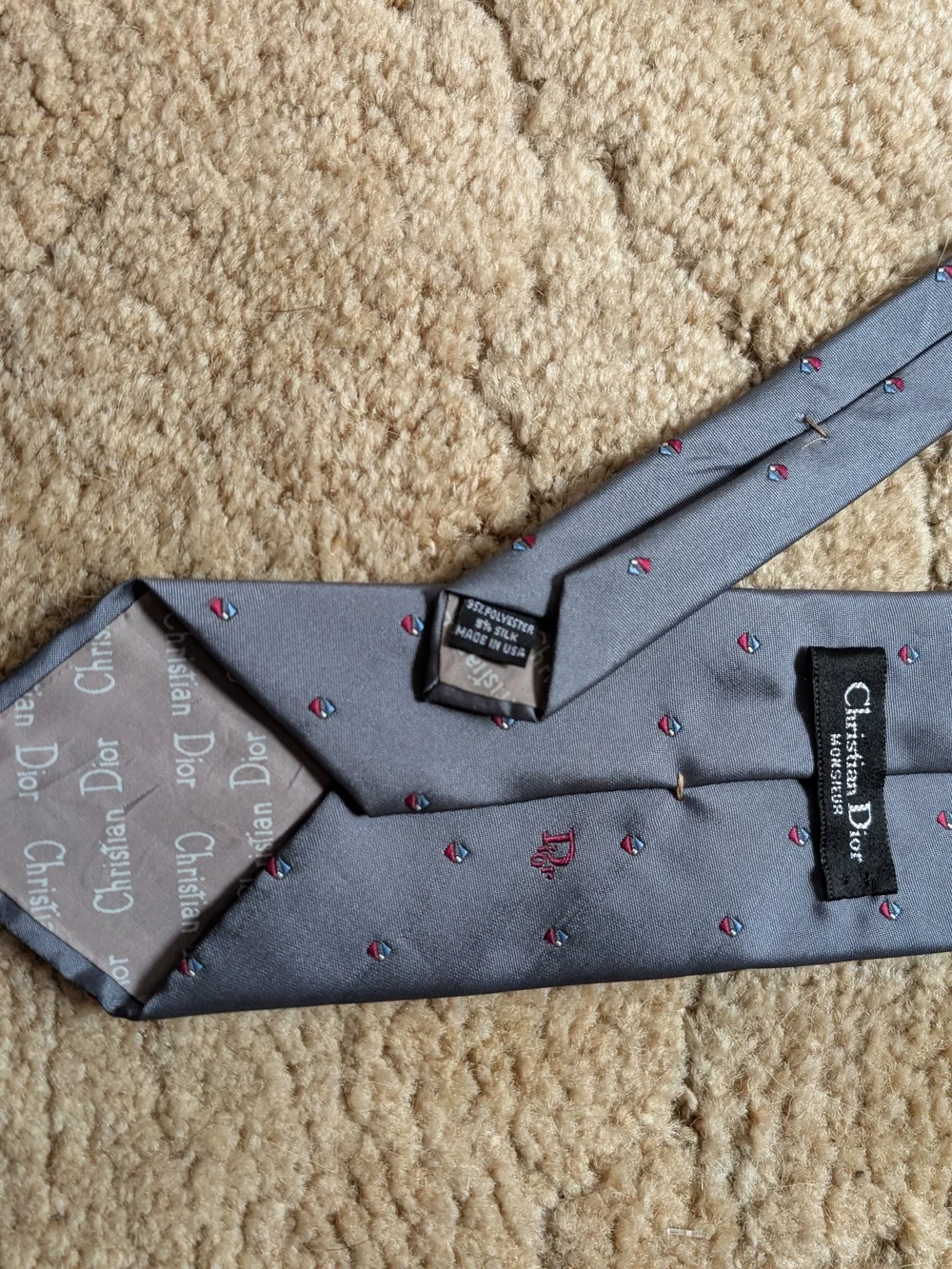 Vintage Christian Dior Monsieur Silk Tie Gray Geometric Diamond Red Blue 3.75